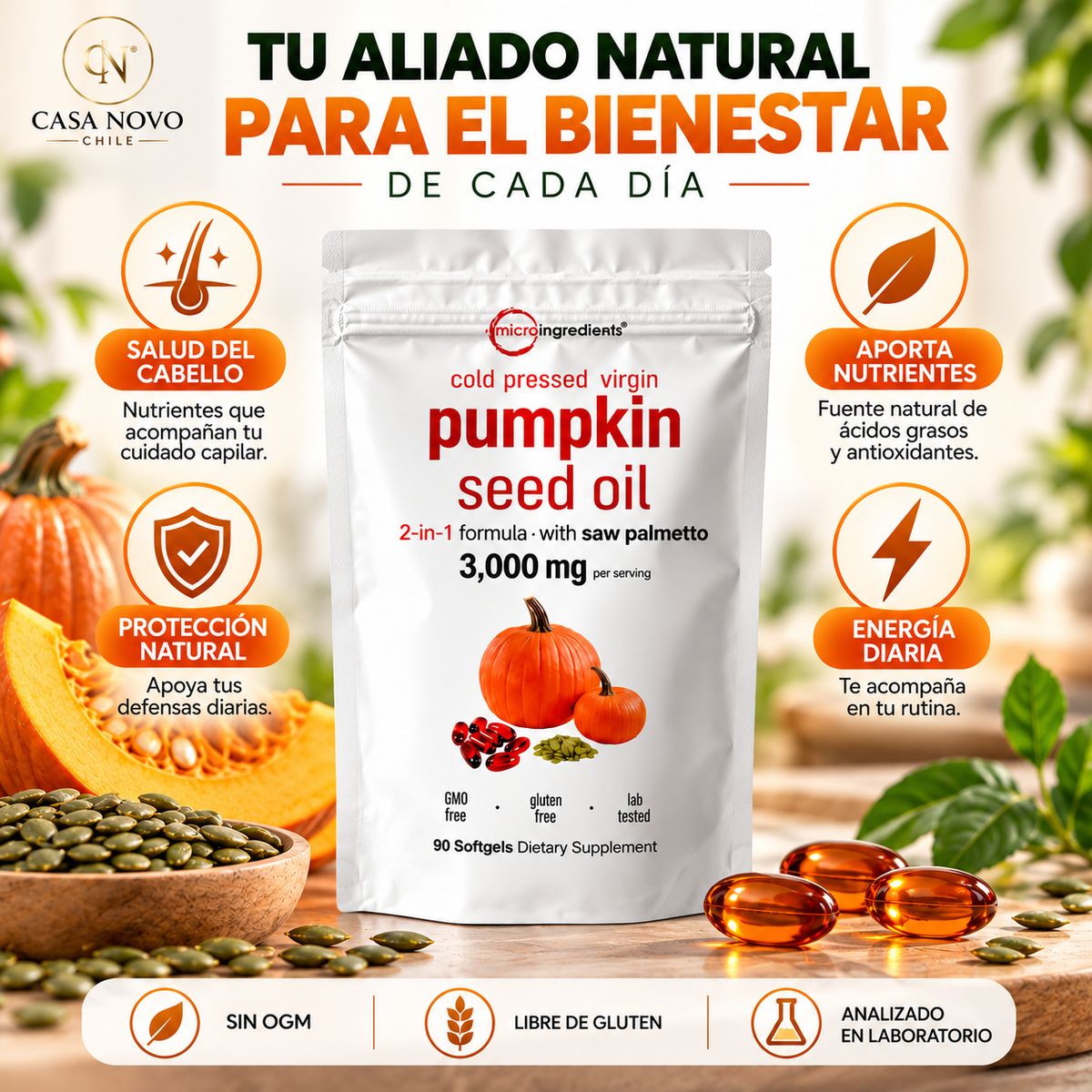PUMPKIN SEED OIL – ACEITE DE CALABAZA + SAW PALMETTO | 90 CÁPSULAS | BIENESTAR PARA HOMBRES Y MUJERES