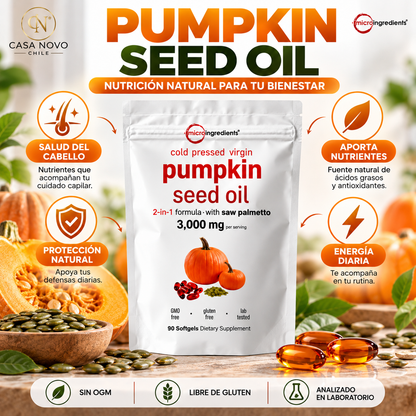 PUMPKIN SEED OIL – ACEITE DE CALABAZA + SAW PALMETTO | 90 CÁPSULAS | BIENESTAR PARA HOMBRES Y MUJERES