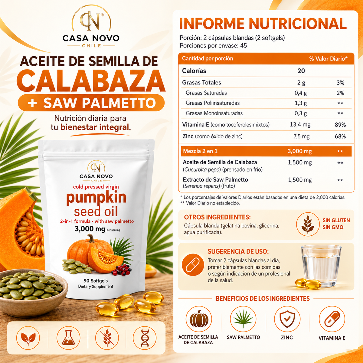 PUMPKIN SEED OIL – ACEITE DE CALABAZA + SAW PALMETTO | 90 CÁPSULAS | BIENESTAR PARA HOMBRES Y MUJERES