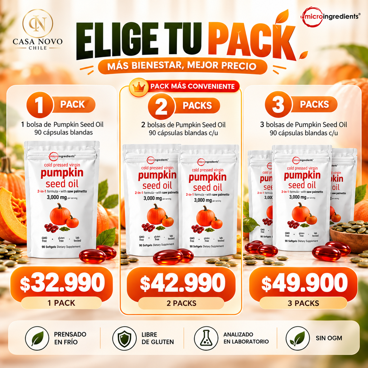 PUMPKIN SEED OIL – ACEITE DE CALABAZA + SAW PALMETTO | 90 CÁPSULAS | BIENESTAR PARA HOMBRES Y MUJERES